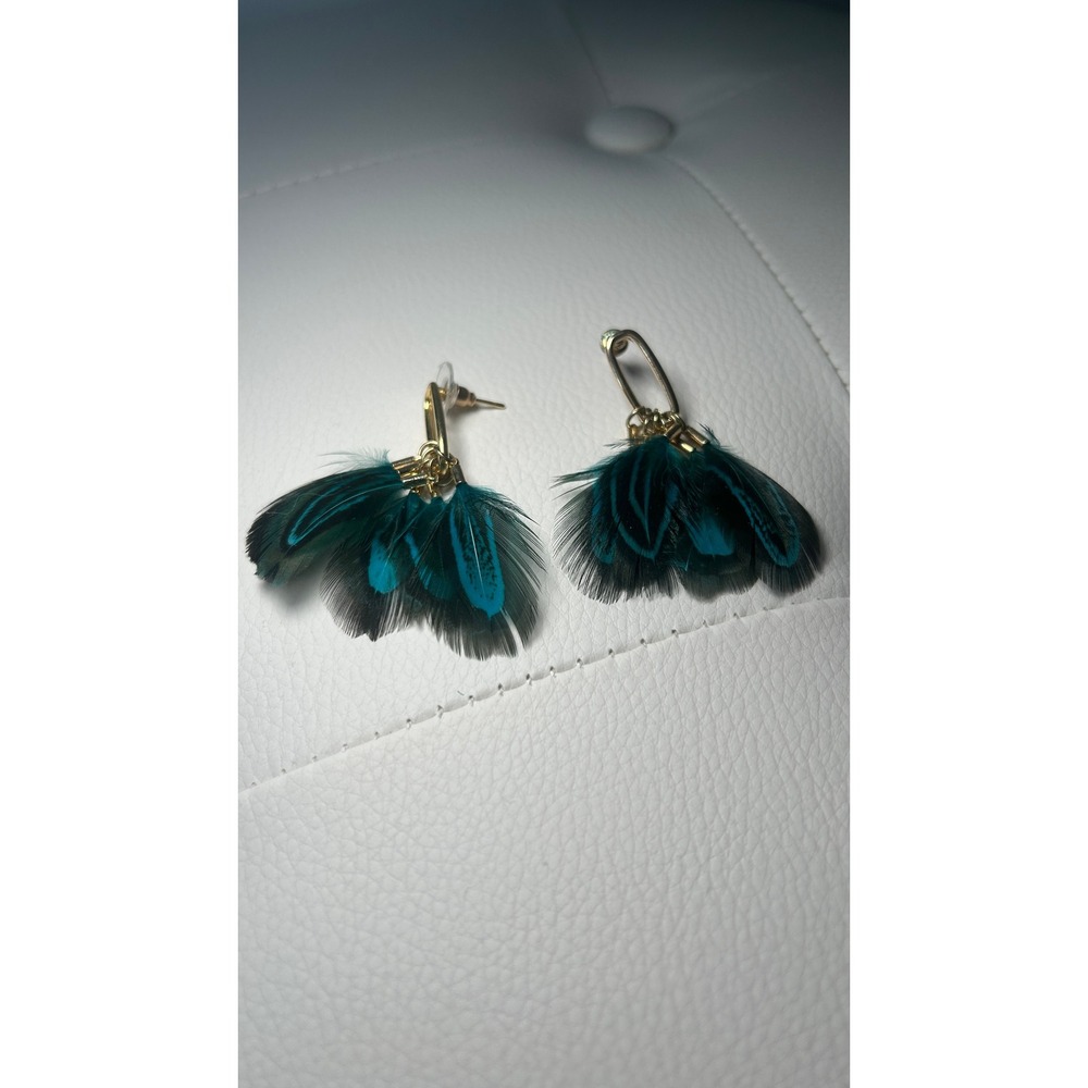 Feather Drop Earrings OS‎ Teal Black Gold Boho Dangle Statement Fan